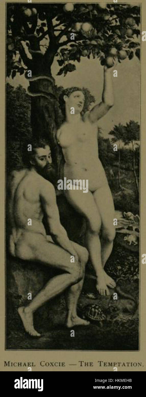 Le tableau « Adam et Ève » est une représentation classique de l'histoire biblique de la création, présentant les personnages d'Adam et Ève dans un cadre détaillé et allégorique, capturant les thèmes de l'innocence et de la tentation. Banque D'Images
