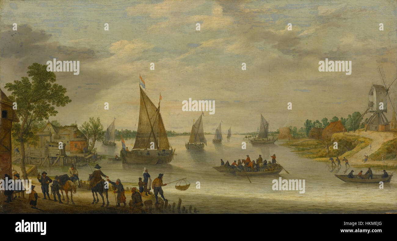 « River Scene with Boats » d’Adam Willaerts présente une voie navigable sereine, avec des bateaux naviguant doucement sur la rivière, mettant en évidence l’expertise de l’artiste dans la capture du calme et de la beauté de la nature. Banque D'Images