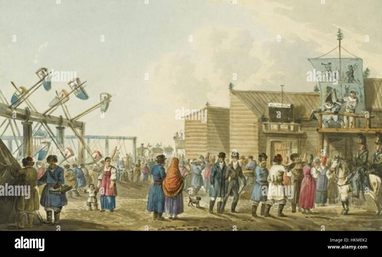 Cette peinture représente une foire traditionnelle russe, mettant en valeur la vie rurale, les coutumes locales et les activités agricoles. L'œuvre offre un aperçu de la culture russe du XIXe siècle et de ses événements festifs. Banque D'Images