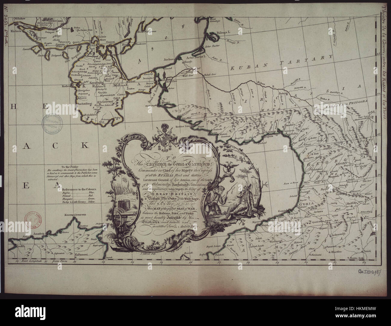 L’œuvre d’Andrew Dury de 1770 décrit le conflit entre la Russie, la Pologne et l’Empire ottoman, capturant un moment charnière de l’histoire européenne. La peinture montre les stratégies militaires et le terrain pendant la guerre, illustrant la tension géopolitique de l'époque. Banque D'Images