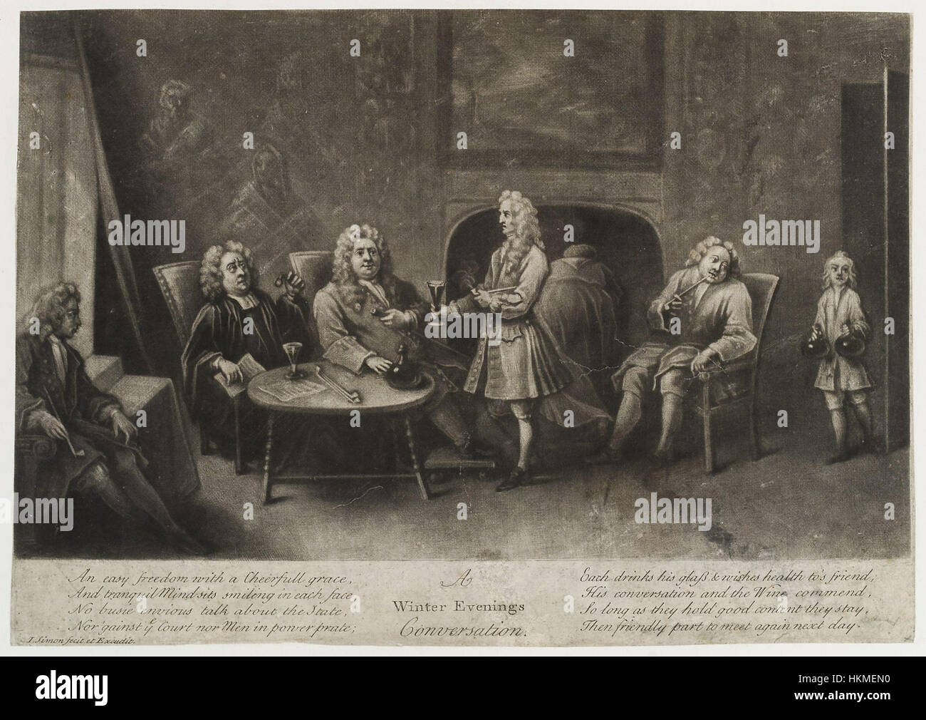 Cette peinture de John Simon représente une scène sereine de soirée hivernale, où les personnages s'engagent dans la conversation. Il reflète la capacité de l'artiste à capturer le calme de l'hiver et la chaleur de l'interaction humaine dans un cadre historique. Banque D'Images