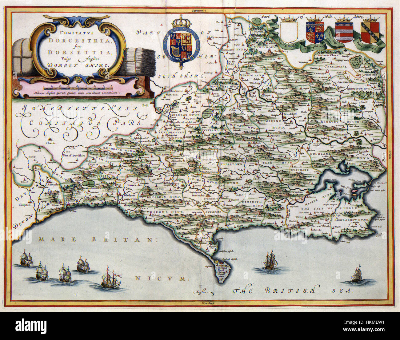 Cette carte de Van der Hagen représente Dorset, un comté anglais du sud-ouest de l'Angleterre. Il met en évidence la géographie et les établissements du Dorset au XVIIe siècle, mettant en valeur les limites historiques et les emplacements du comté. Banque D'Images