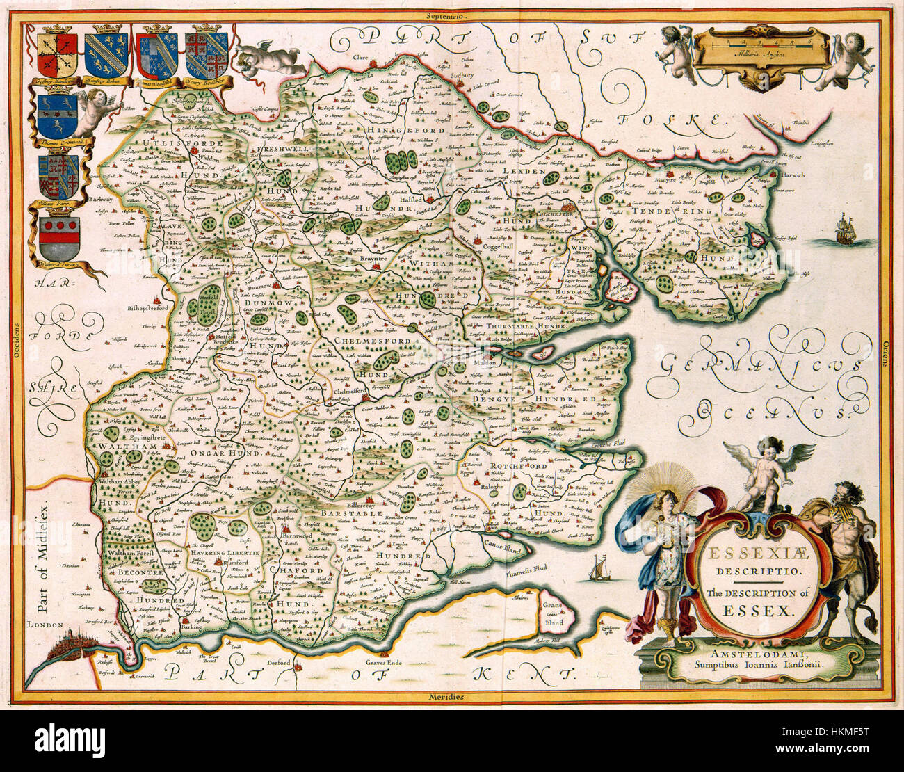 Cette carte, intitulée 'Essexiae Descriptio', de l'Atlas Van der Hagen, détaille la géographie historique de l'Essex, illustrant les principaux endroits et le paysage de la région. Banque D'Images