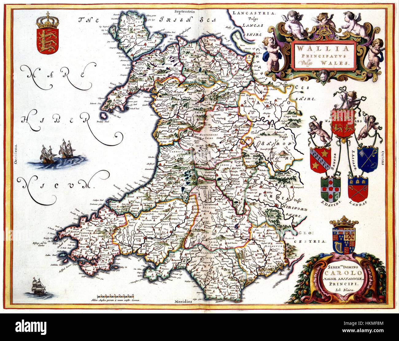 Cette carte du XVIIe siècle, *Wallia Principatus* ou Wales, créée par Van der Hagen, illustre la géographie du pays de Galles, mettant en évidence les caractéristiques géographiques importantes de la région au cours des années 1600 La carte est une représentation historique du paysage du pays de Galles au début de la période moderne. Banque D'Images