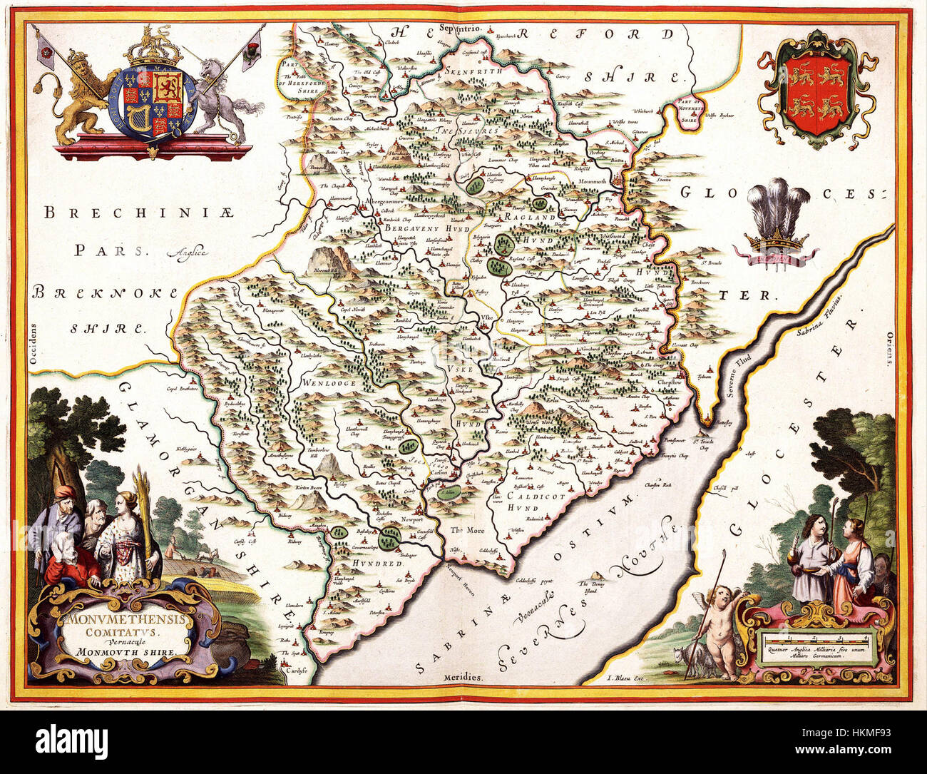 Cette carte historique tirée du *Atlas Van der Hagen* montre la région du Monmouthshire au pays de Galles, y compris ses villes et ses caractéristiques géographiques. La carte est une ressource précieuse pour comprendre le paysage territorial et les limites historiques de la région. Banque D'Images