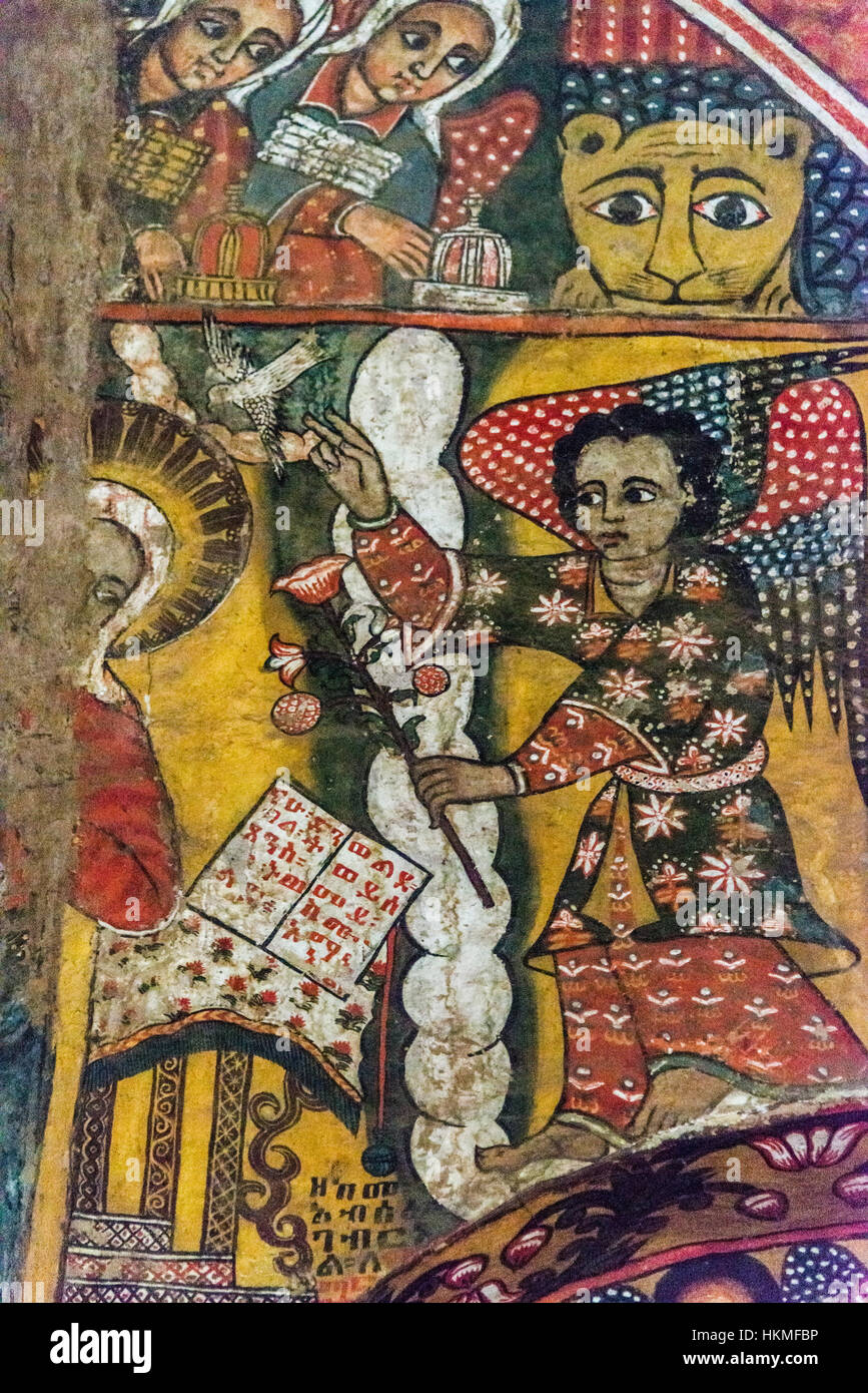 Murale intérieur Église de Debre Birhan Sélassié (Trinité et la montagne de lumière), Gondar, Éthiopie Banque D'Images