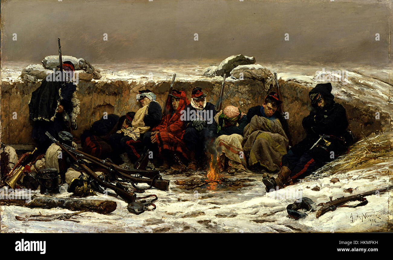 Tableau d'Alphonse de Neuville représentant des soldats dans les tranchées en temps de guerre. L'œuvre capture l'atmosphère intense et les difficultés des soldats au combat. Banque D'Images