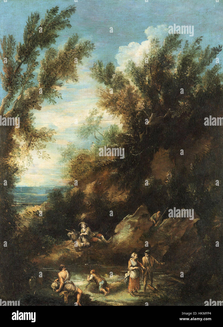 Cette peinture à l'huile d'Antonio Francesco Peruzzini représente un paysage avec des figures, capturant une scène rurale sereine avec un équilibre entre la nature et la présence humaine. Le travail de Peruzzini illustre le style italien classique du XVIIe siècle. Banque D'Images