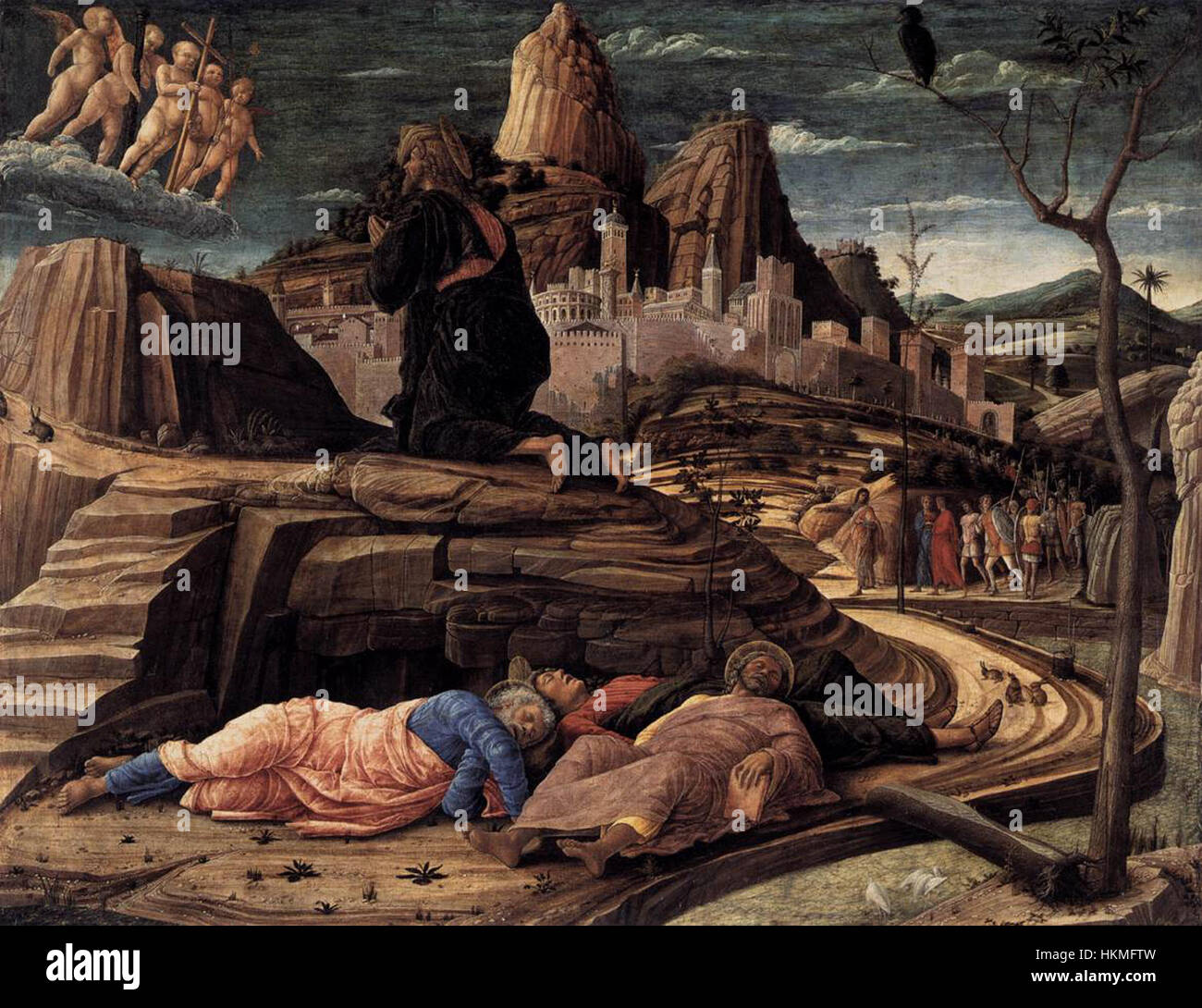 « Agonie dans le jardin » d'Andrea Mantegna décrit le moment de la prière du Christ dans le jardin de Gethsémani, capturé dans une peinture à l'huile détaillée et dramatique. Banque D'Images