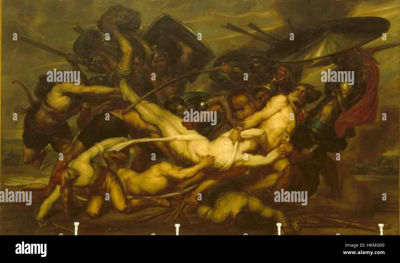 La peinture d'Antoine Wiertz 'les Grecs et les Troyens se disputant le corps de Patrocle' dépeint le moment dramatique de 'l'Iliade' d'Homère où les forces grecques et troyennes se battent sur le corps de Patroclus. La peinture illustre l’intérêt de Wiertz pour les thèmes intenses et émotionnels et les sujets historiques à grande échelle. Banque D'Images
