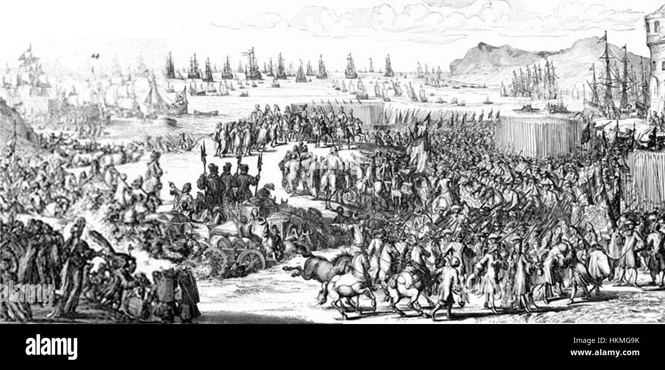 Une représentation historique de l'arrivée de Guillaume III d'Orange en Angleterre, marquant son ascension au trône et le début de la glorieuse Révolution de 1688, un moment charnière de l'histoire britannique. Banque D'Images