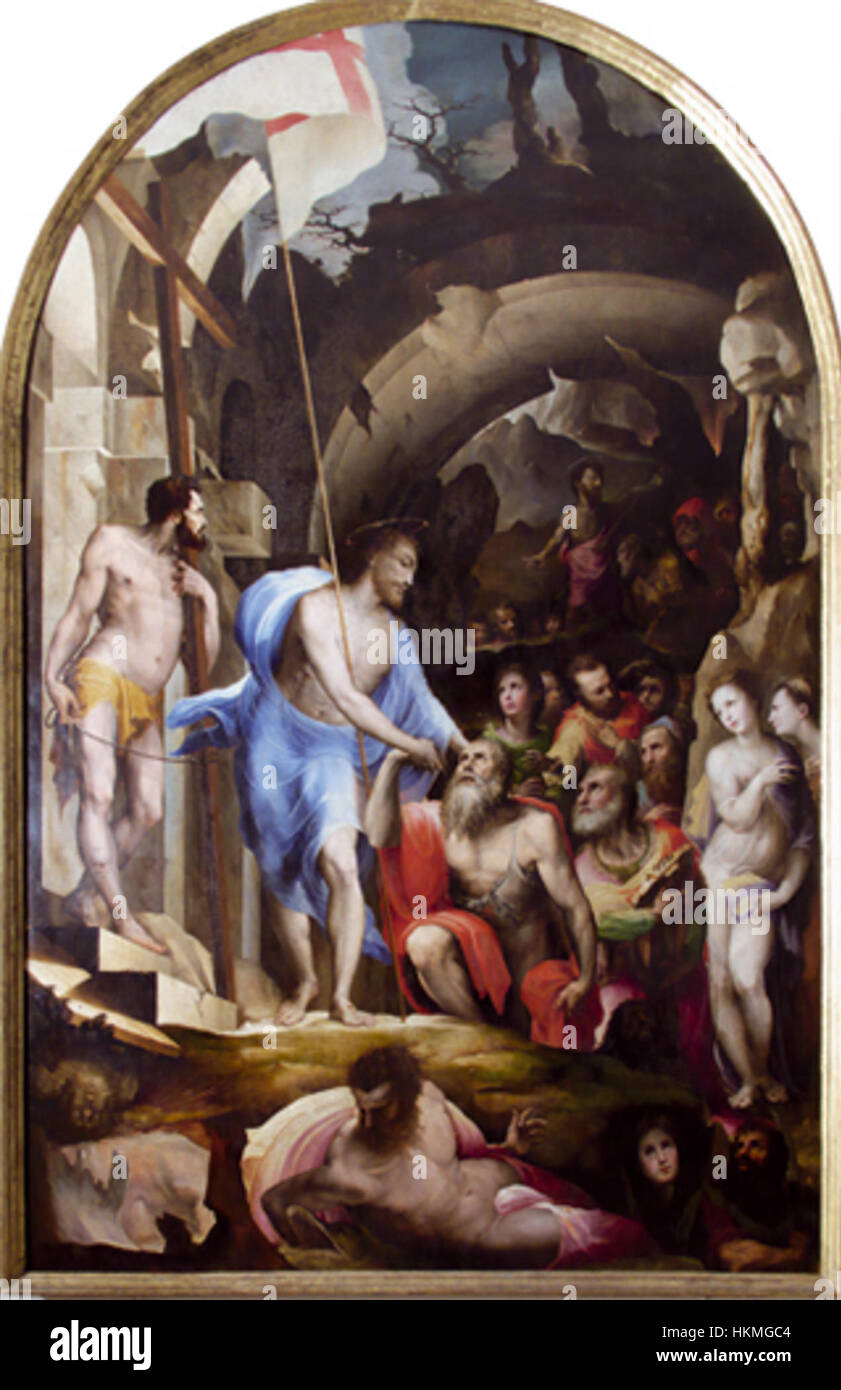 'Cristo al Limbo' de Beccafumi est une peinture à l'huile représentant le Christ dans les Limbes. La pièce est un exemple éminent de l’art religieux de la Renaissance, soulignant l’utilisation par Beccafumi de couleurs vives et de composition dramatique. Banque D'Images