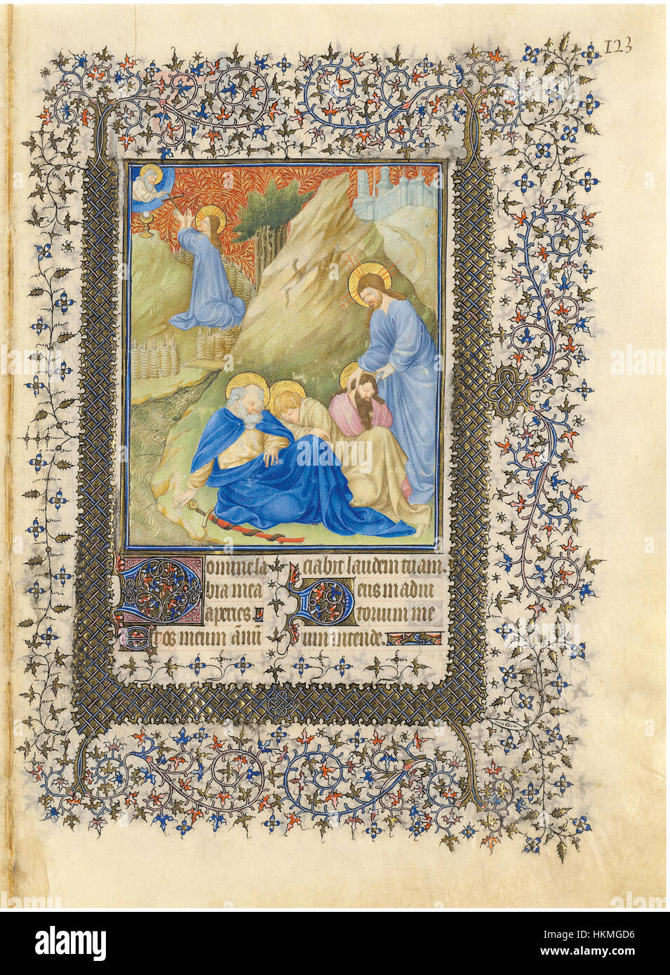 Une page du manuscrit « belle heures du duc de Berry », représentant une représentation du Christ dans le jardin des oliviers. Cette illumination est un excellent exemple de l'art religieux médiéval, mettant en valeur l'iconographie détaillée et la narration biblique. Banque D'Images