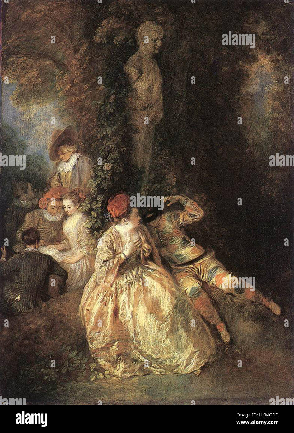 « Arlequin et Columbine » d'Antoine Watteau est un chef-d'œuvre rococo représentant la relation ludique et romantique entre deux personnages de la Commedia dell'Arte. Banque D'Images