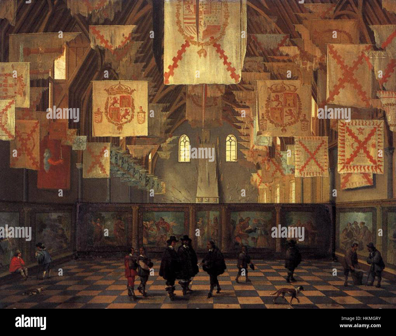 Cette peinture du XVIIe siècle de Bartholomeus van Bassen représente la Grande salle du Binnenhof à la Haye. L'œuvre met en évidence la grandeur architecturale du bâtiment, un emplacement clé dans la politique néerlandaise à l'époque. Banque D'Images