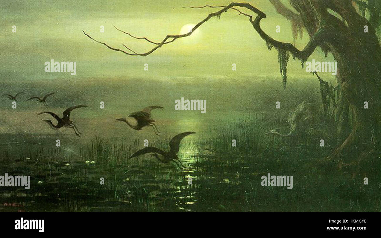*Phantom Crane* (1891) de William Holbrook Beard est une peinture à l'huile qui dépeint avec humour une grue comme une figure centrale. Connu pour ses peintures animales, Beard a souvent représenté des créatures dans des situations fantaisistes et anthropomorphiques, mêlant réalisme et humour. Banque D'Images