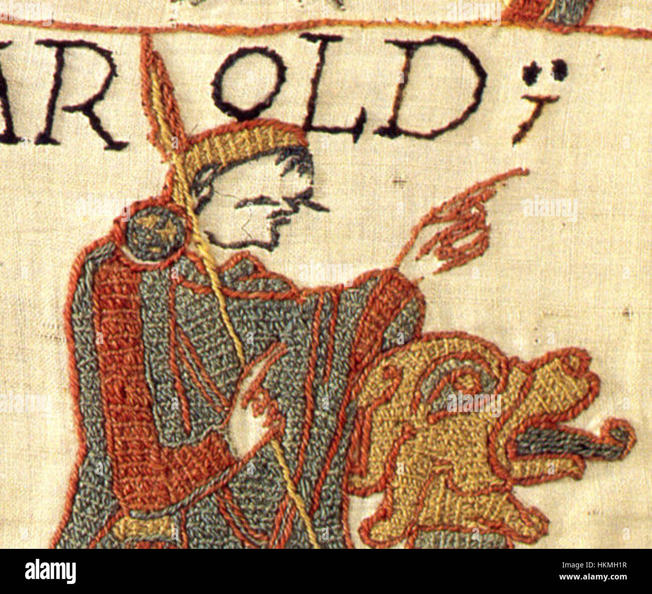 Cette vue détaillée de la tapisserie de Bayeux révèle les techniques de couture complexes utilisées pour créer cette broderie historique. La tapisserie illustre des scènes de la conquête normande de l'Angleterre, capturant le drame et les événements du XIe siècle. Banque D'Images