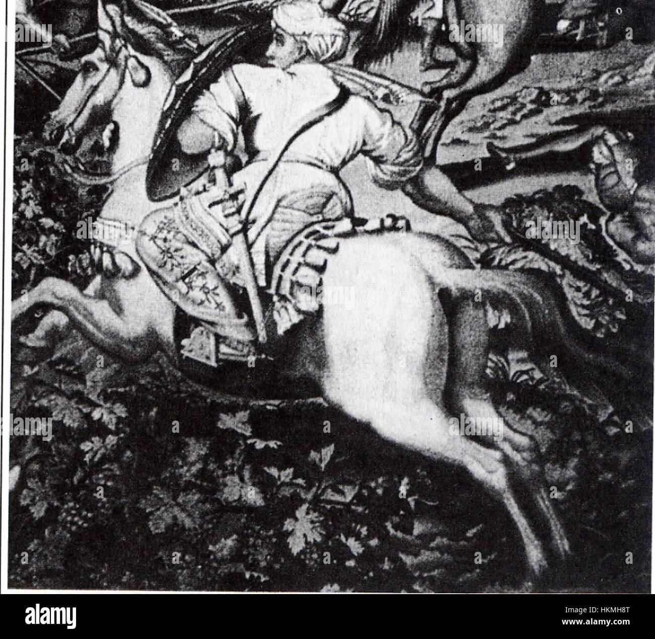 Cette tapisserie, créée en 1554, représente la bataille de Tunis de 1534. La scène illustre les soldats Spahi de la Régence de Tunis combattant contre les forces espagnoles. La pièce fait partie de la collection Alcazar de Séville et reflète les conflits militaires entre les deux puissances au XVIe siècle. Banque D'Images