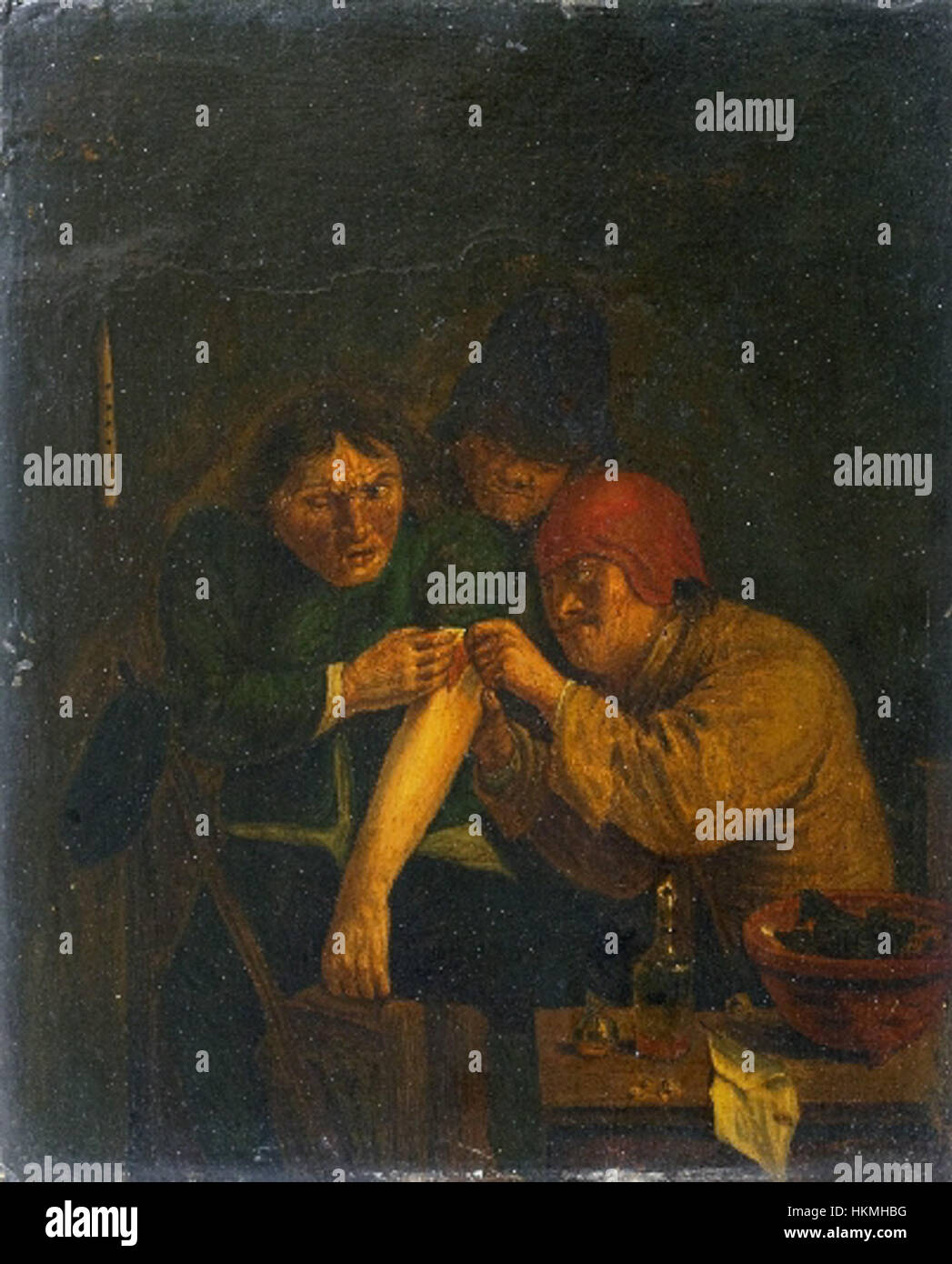 'Beim Arzt' est une peinture représentant une scène d'un patient visitant un médecin, mettant en valeur la pratique historique de la médecine. L'œuvre explore l'environnement médical et la relation entre le médecin et le patient, fournissant un aperçu historique des soins médicaux. Banque D'Images