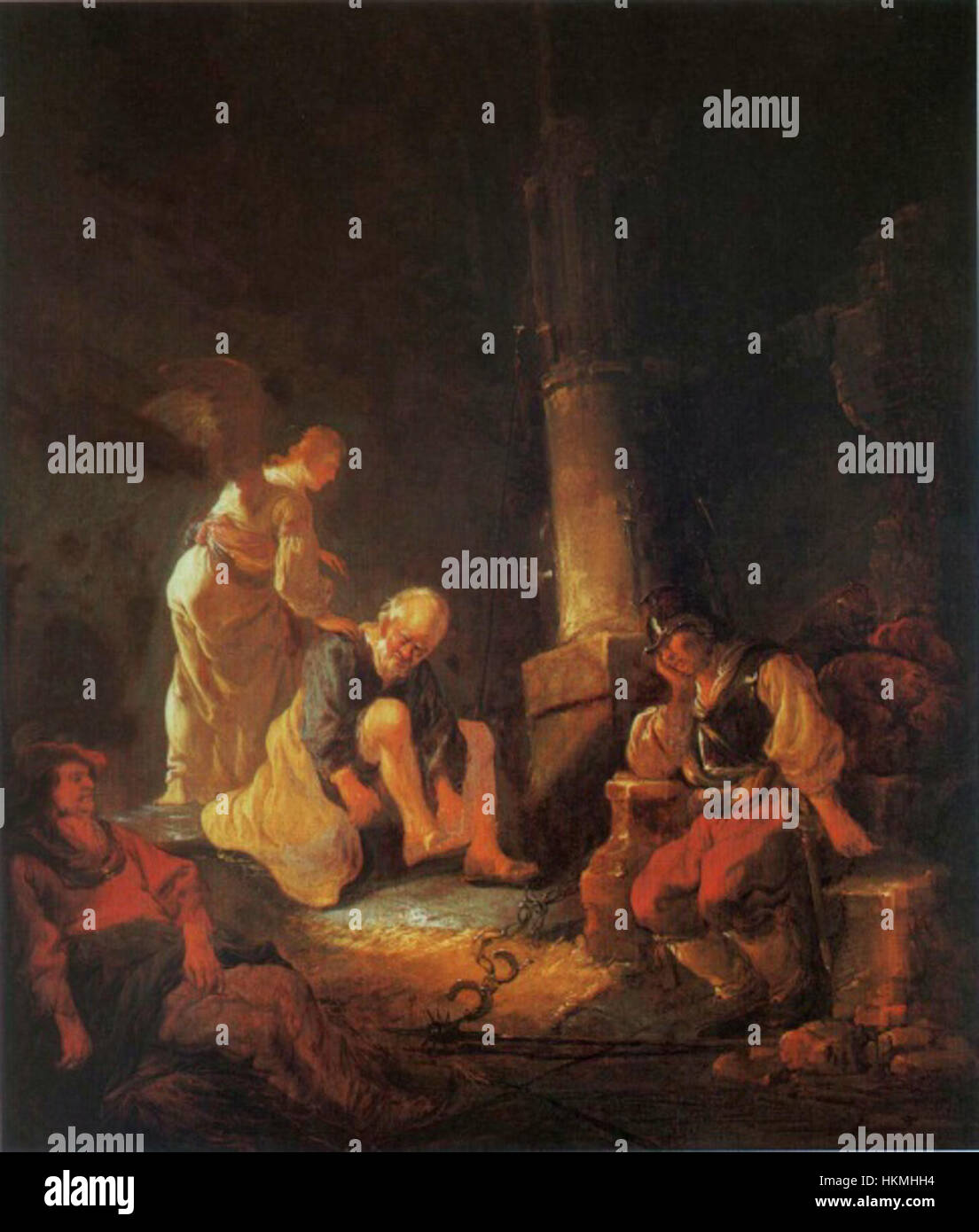 'Deliverance of réussi Peter' d'Aelbert Cuyp est une peinture à l'huile représentant la scène biblique de l'évasion de Pierre de prison, un événement clé du Nouveau Testament. L'œuvre met en valeur la maîtrise de Cuyp dans la lumière et les effets atmosphériques, typiques de ses paysages, avec des couleurs vives et un ciel dramatique. Banque D'Images
