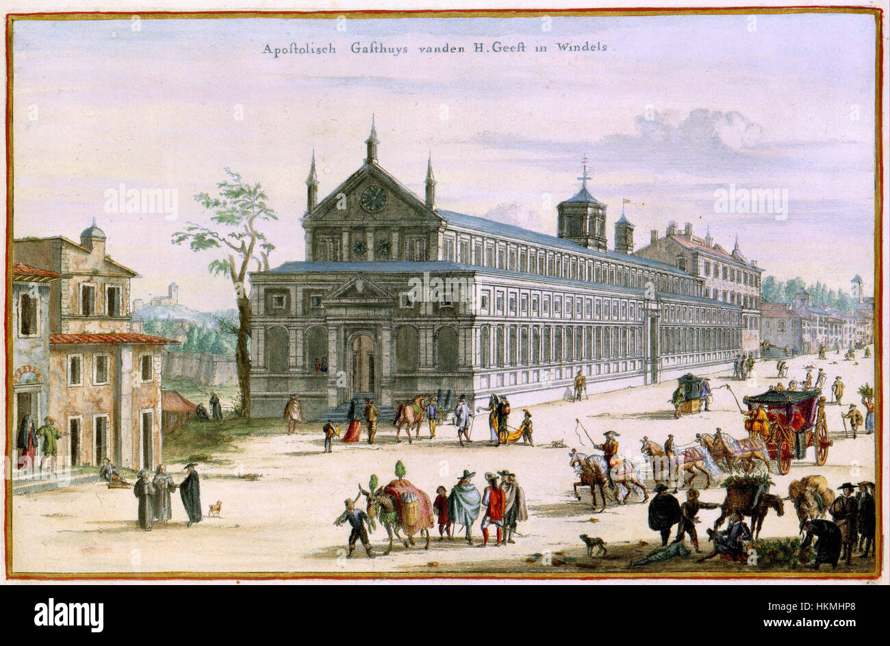 Une représentation artistique d'Atlas Van der Hagen, montrant le palais et l'église des membres Andries à vanden Dale, capturant la grandeur de l'architecture du XVIIe siècle. Banque D'Images