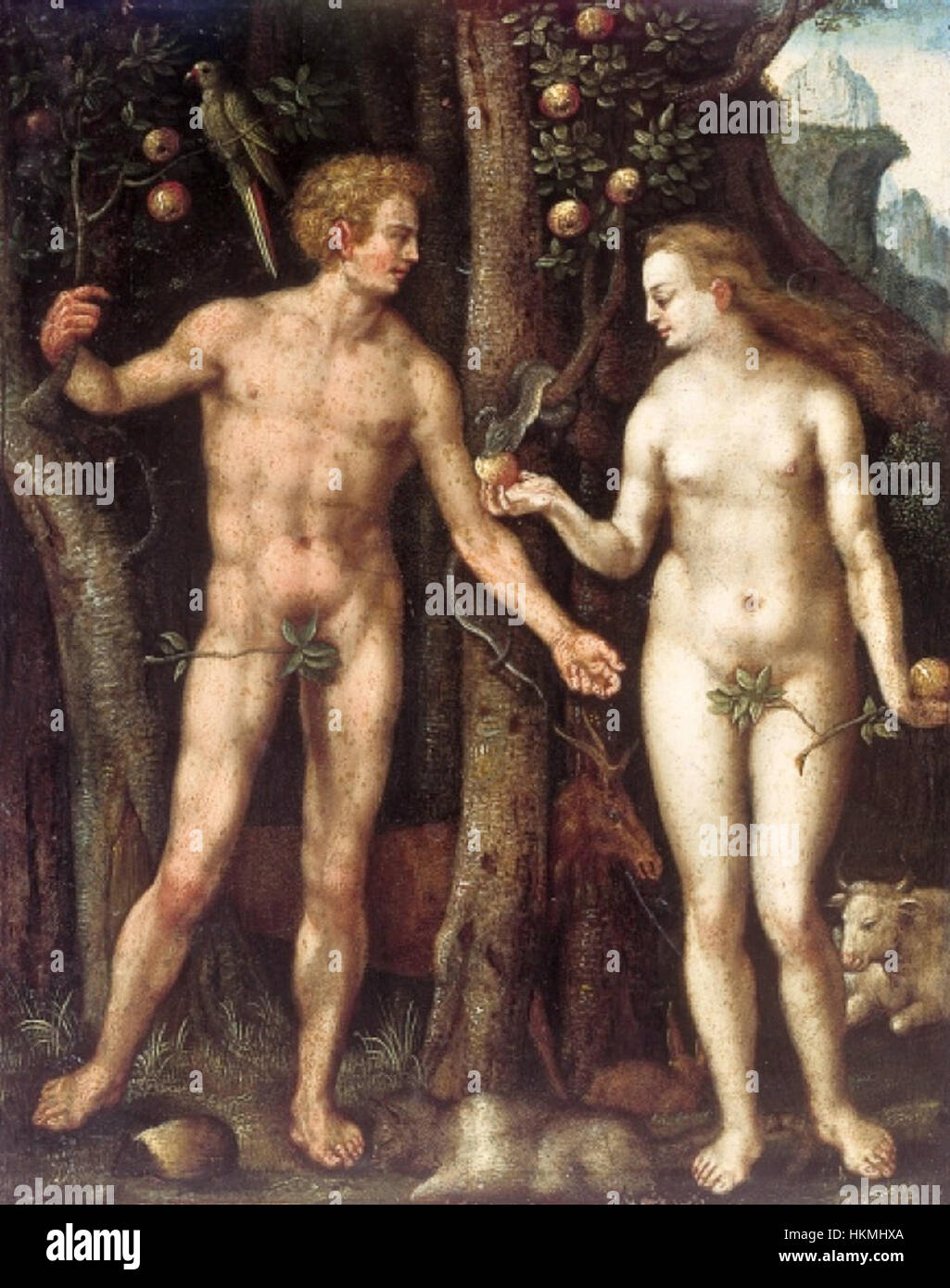 Une œuvre d'art allemande représentant les personnages bibliques Adam et Ève, capturant l'histoire de la création et la chute de l'homme, utilisant le symbolisme pour réfléchir sur les thèmes de la tentation, de l'innocence et du début de l'histoire humaine. Banque D'Images