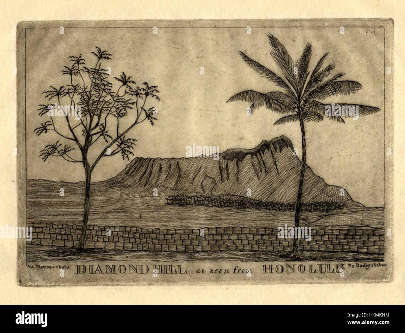 'Diamond Hill vu de Honolulu' par Edward Bailey, ch. 1850, gravure sur plaque de cuivre Banque D'Images