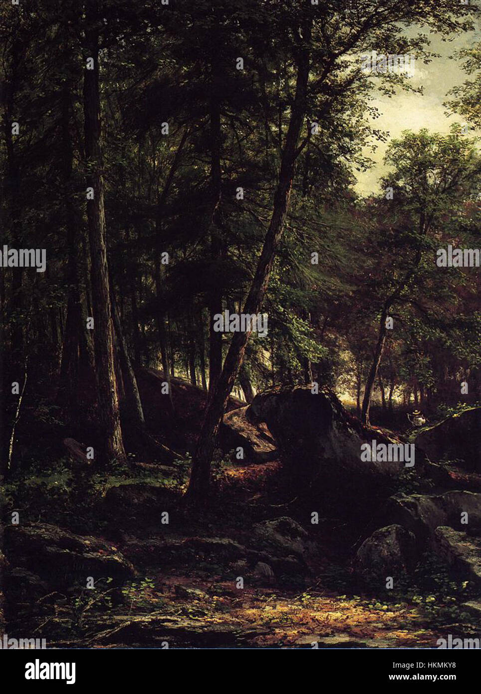 'Appalachian Landscape with figure Carriing a Syche' est une œuvre d'art représentant la beauté naturelle de la région des Appalaches. Le personnage de la scène porte une syche, un outil agricole, qui fait allusion au lien entre la nature et la vie rurale. Banque D'Images