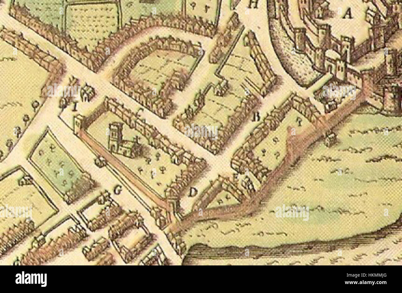 Les *murs de Beaumaris en 1610* illustrent la beauté architecturale du château de Beaumaris, situé au pays de Galles. Connue pour sa conception symétrique et son importance historique, cette pièce offre un aperçu des techniques de construction et de l'histoire militaire de l'époque. Banque D'Images