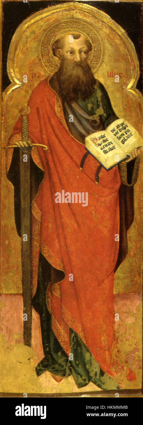 Ce tableau du XVe siècle de Nicolo di Pietro représente Saint Paul, créé pendant la Renaissance italienne. La pièce est maintenant logée dans le Musei Civici de Pesaro et met en valeur l'iconographie religieuse de l'artiste et l'utilisation de couleurs vives. Banque D'Images