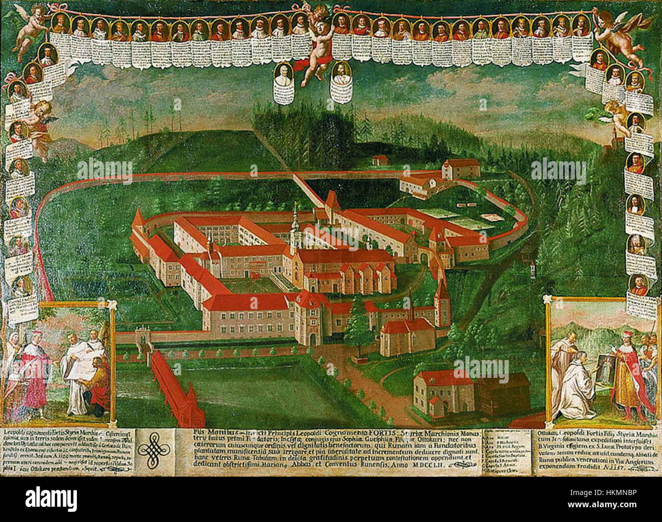 La représentation de Stift rein par Joseph Amonte avant sa rénovation baroque met en valeur l'architecture du monastère dans son état d'origine, offrant un aperçu rare des structures religieuses autrichiennes du XVIIe siècle. La peinture reflète un moment avant la transformation en style baroque. Banque D'Images