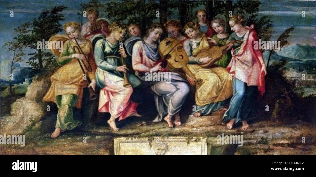Ce tableau de 1600, attribué à l'école italienne, représente le Dieu grec Apollon entouré par les Muses, incarnant la mythologie classique. L'œuvre reflète l'accent mis par la Renaissance sur les sujets mythologiques et la maîtrise artistique. Banque D'Images