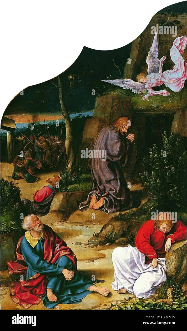 'Agonie dans le jardin' de Cleve dépeint le moment de la prière du Christ dans le jardin de Gethsémani, où il éprouve des troubles spirituels et émotionnels. L'artiste souligne l'intensité dramatique de la scène avec des couleurs vives et des contrastes forts, capturant le moment de détresse du Christ avant son arrestation. Banque D'Images
