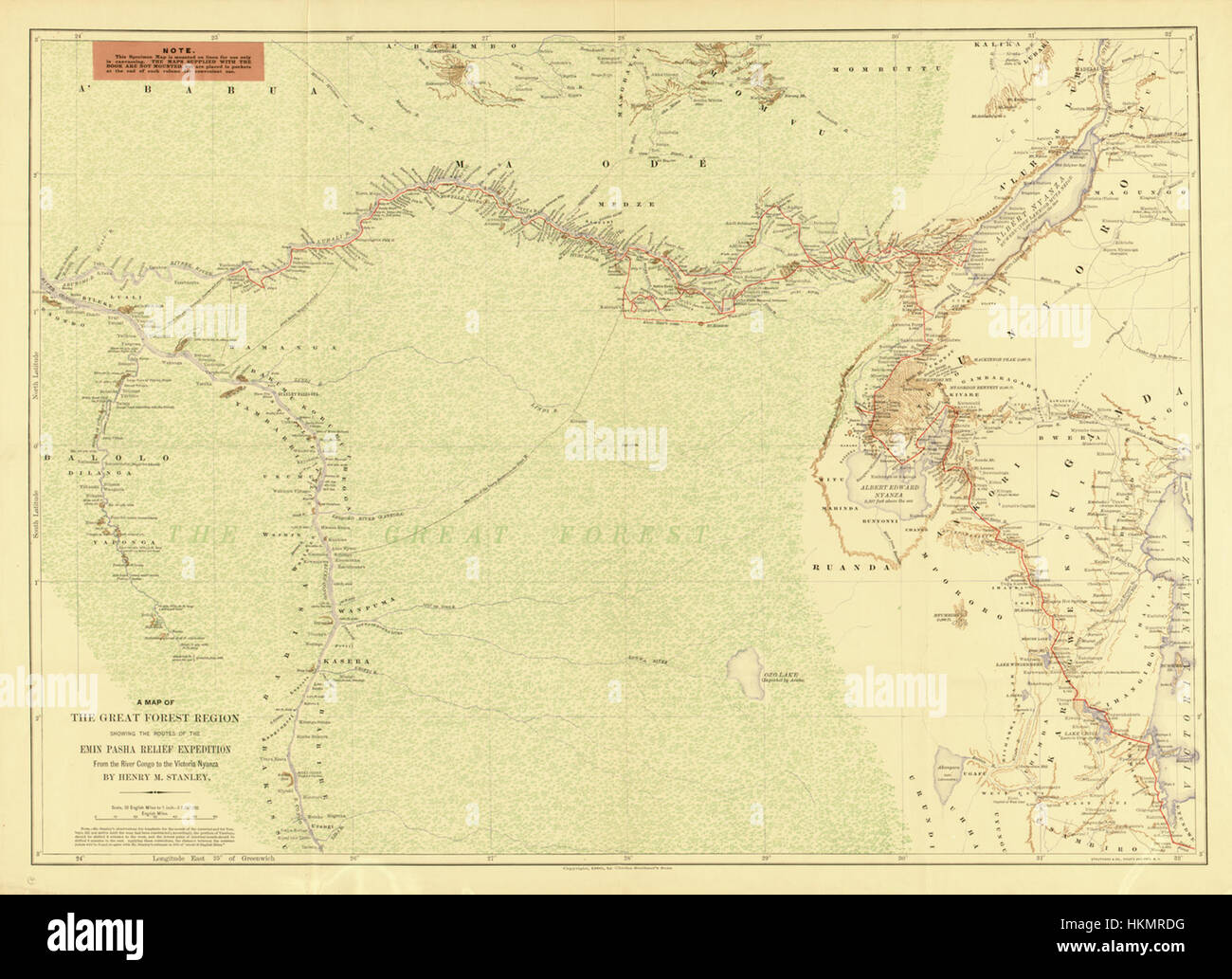 Cette carte détaille les itinéraires de l'expédition de secours Emin Pacha, traversant la région de la Grande Forêt du fleuve Congo au Victoria Nyanza. Il représente un moment critique de l'exploration africaine et de l'histoire coloniale à la fin du XIXe siècle. Banque D'Images