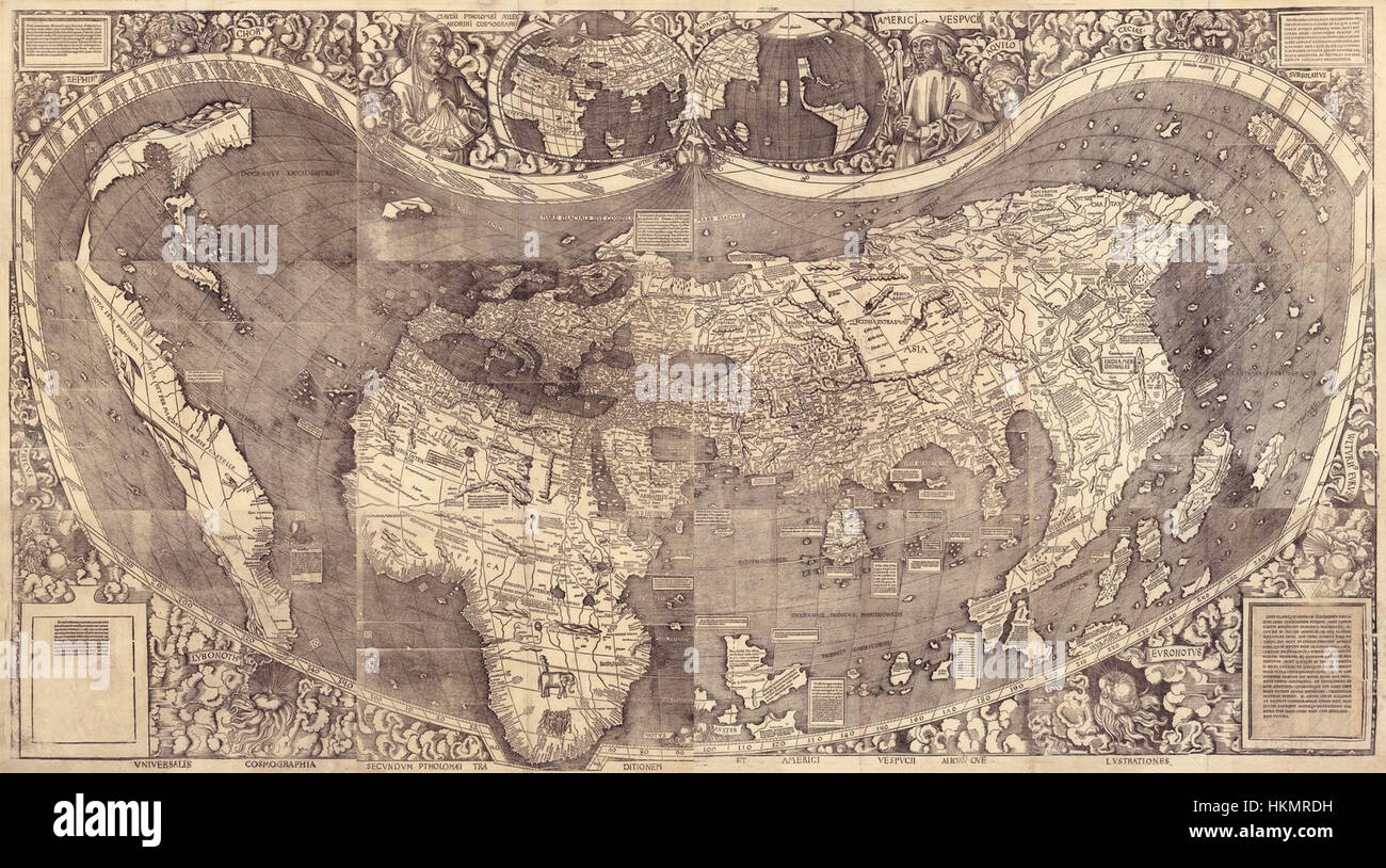 Une carte représentant le monde tel qu'envisagé par Ptolémée, corrigée avec les nouvelles découvertes d'Amerigo Vespucci. La carte représente la première compréhension européenne de la géographie mondiale pendant la Renaissance. Banque D'Images
