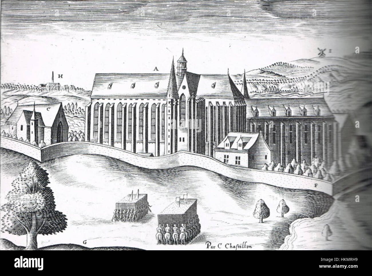 Cette œuvre représente l'abbaye de Maubuisson, une abbaye française du XVIIe siècle, capturant sa grandeur architecturale. L'abbaye, ancien couvent cistercien, a joué un rôle important dans l'histoire religieuse française, reflétant les styles artistiques de l'époque. Banque D'Images