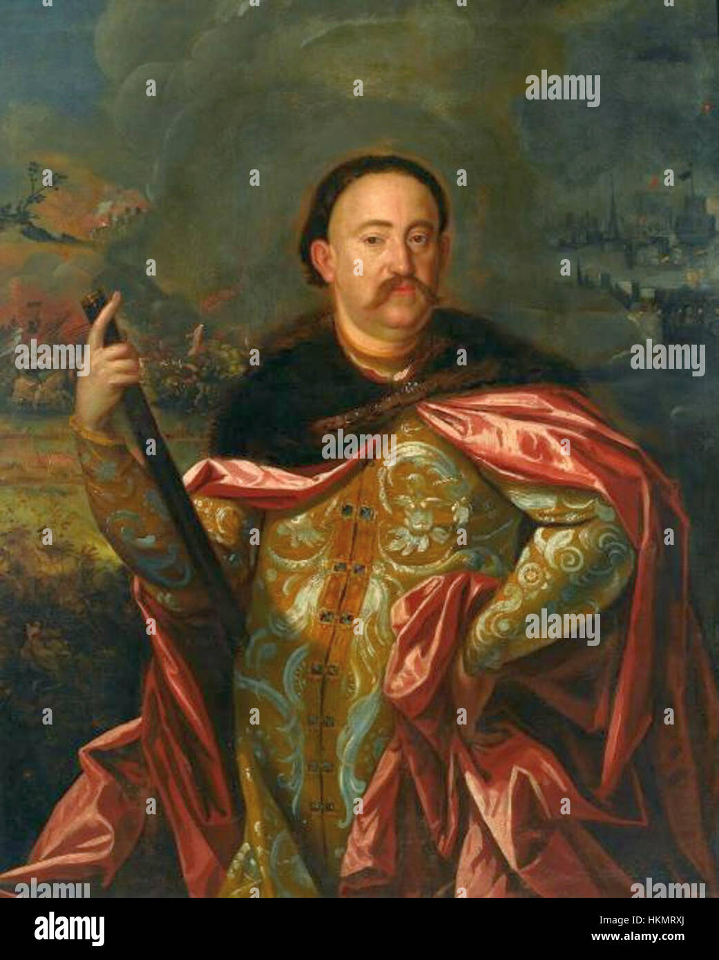 Ce tableau représente Jean III Sobieski, le roi de Pologne, représenté en costume polonais traditionnel. L'œuvre capture la figure royale de Sobieski, connu pour ses victoires militaires, en particulier lors de la bataille de Vienne. Le portrait reflète l'élégance de la noblesse polonaise du XVIIe siècle et la fierté culturelle associée à son règne. Banque D'Images