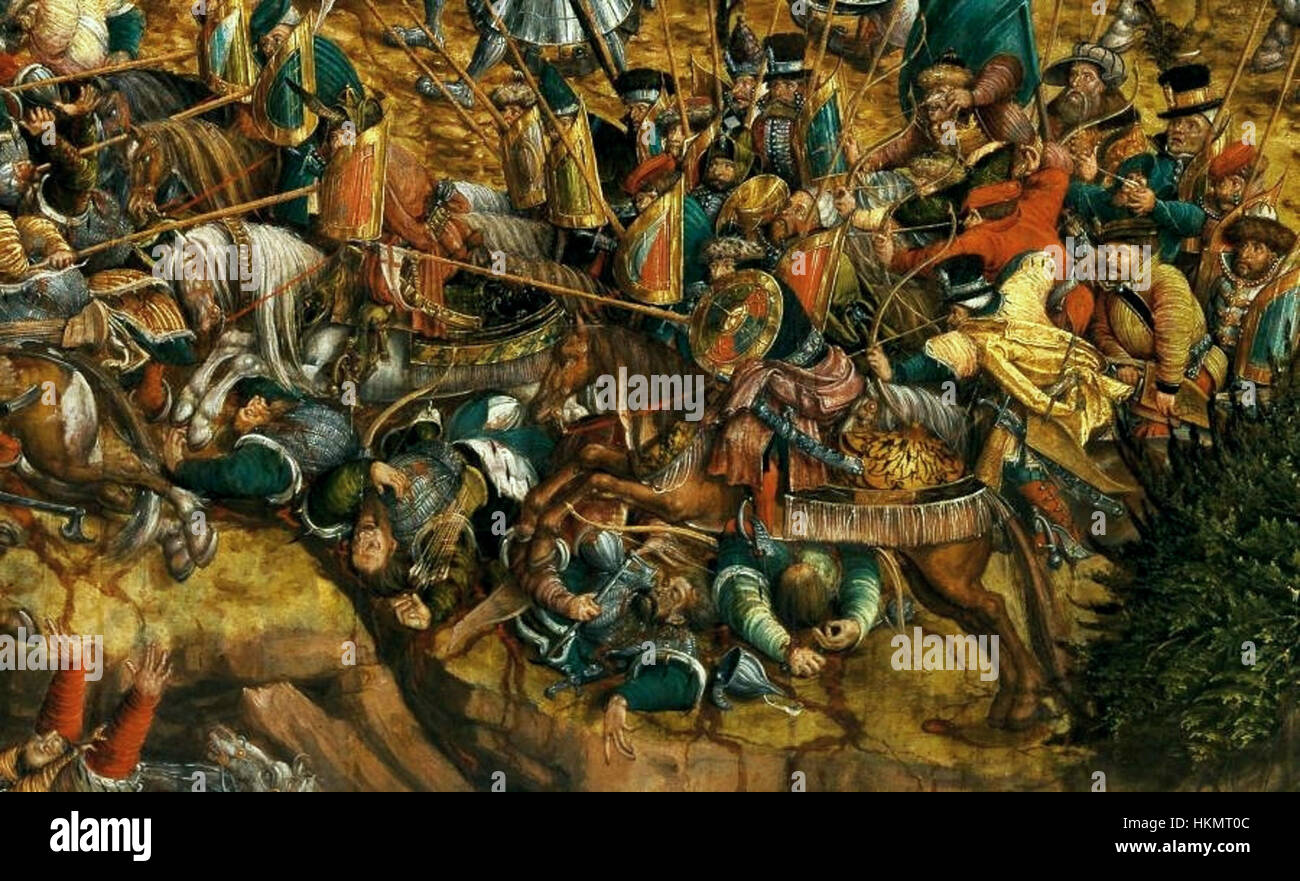 Cette scène détaillée de la bataille d'Orsha, peinte par Krell, représente le conflit acharné entre les forces du Grand-Duché de Lituanie et du Royaume de Pologne en 1514. L'œuvre dramatique capture l'intensité et la violence de cette bataille historique. Banque D'Images