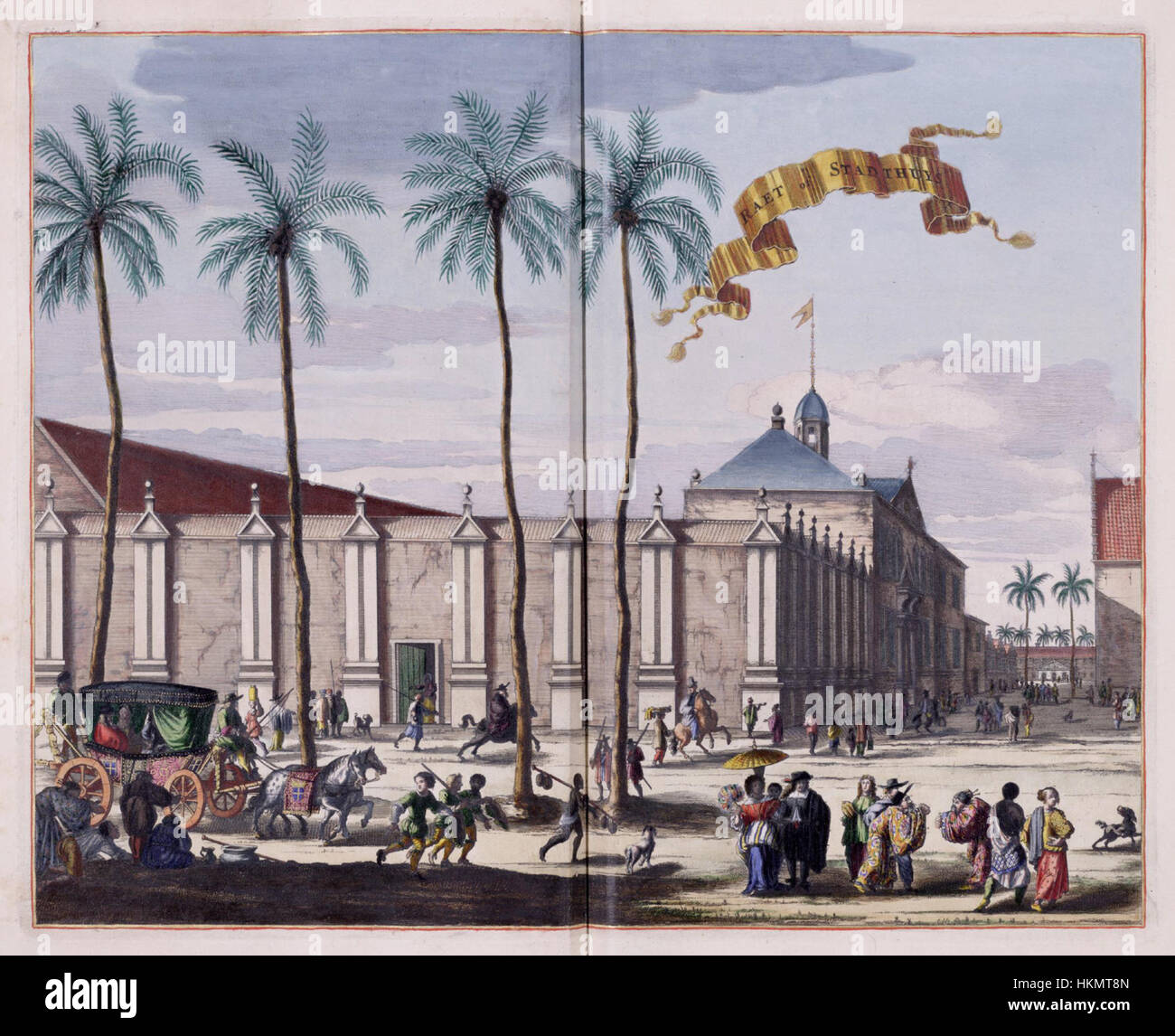 Cette peinture met en valeur l'hôtel de ville de Batavia, un centre historique de l'administration à l'époque coloniale. L'œuvre capture l'élégance architecturale et l'importance de la ville dans les Indes orientales néerlandaises au XVIIe siècle. Banque D'Images