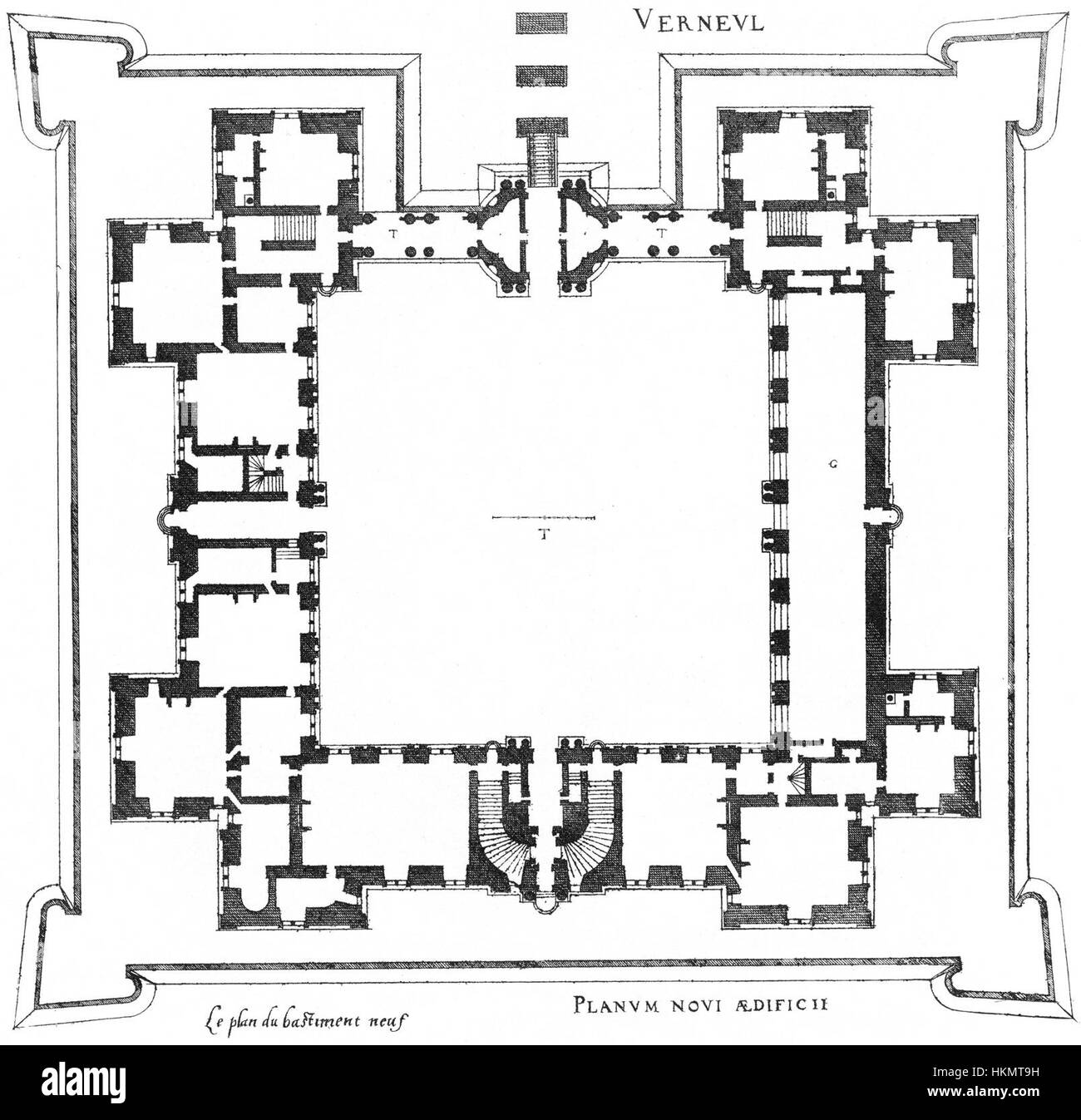 L'illustration 'Bastiments v1', telle que représentée dans le plan Verneuil de 1972, représente la première conception des Bastiments. Cette pièce met en valeur la vision précoce de l’artiste pour ce concept architectural. Banque D'Images