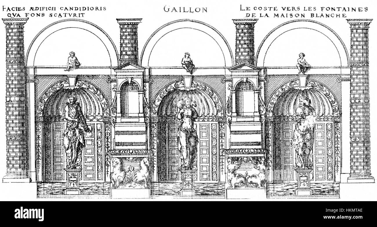 Cette illustration architecturale représente la façade Gaillon de la Maison Blanche, mettant en valeur le design complexe face aux fontaines. Il représente la grandeur de l'architecture française du XVIIe siècle. Banque D'Images