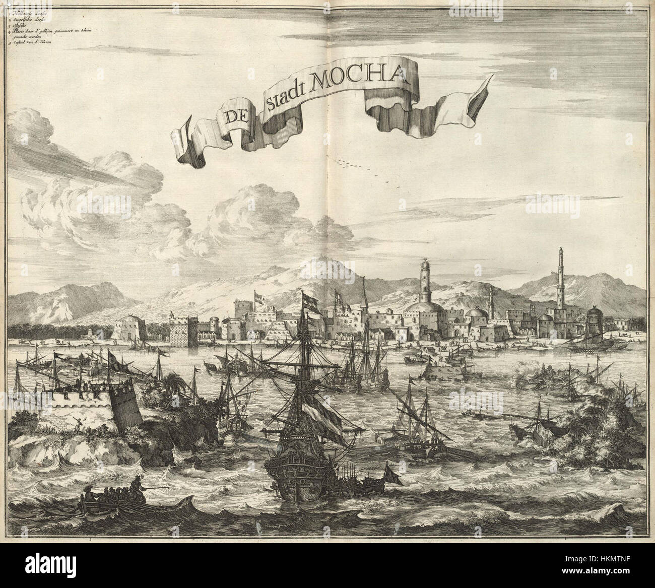 Cette peinture du XIXe siècle montre la ville de Mocha, située sur la côte de la mer Rouge au Yémen. La peinture souligne l'emplacement stratégique de la ville en tant que port clé et centre commercial à l'époque. Banque D'Images