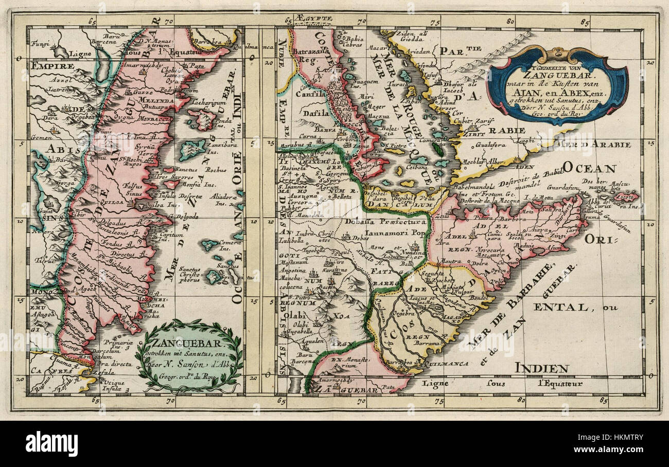 Deux cartes historiques représentant la côte orientale de l'Afrique, offrant un aperçu détaillé de la géographie, des frontières politiques et des établissements côtiers de la région. Banque D'Images