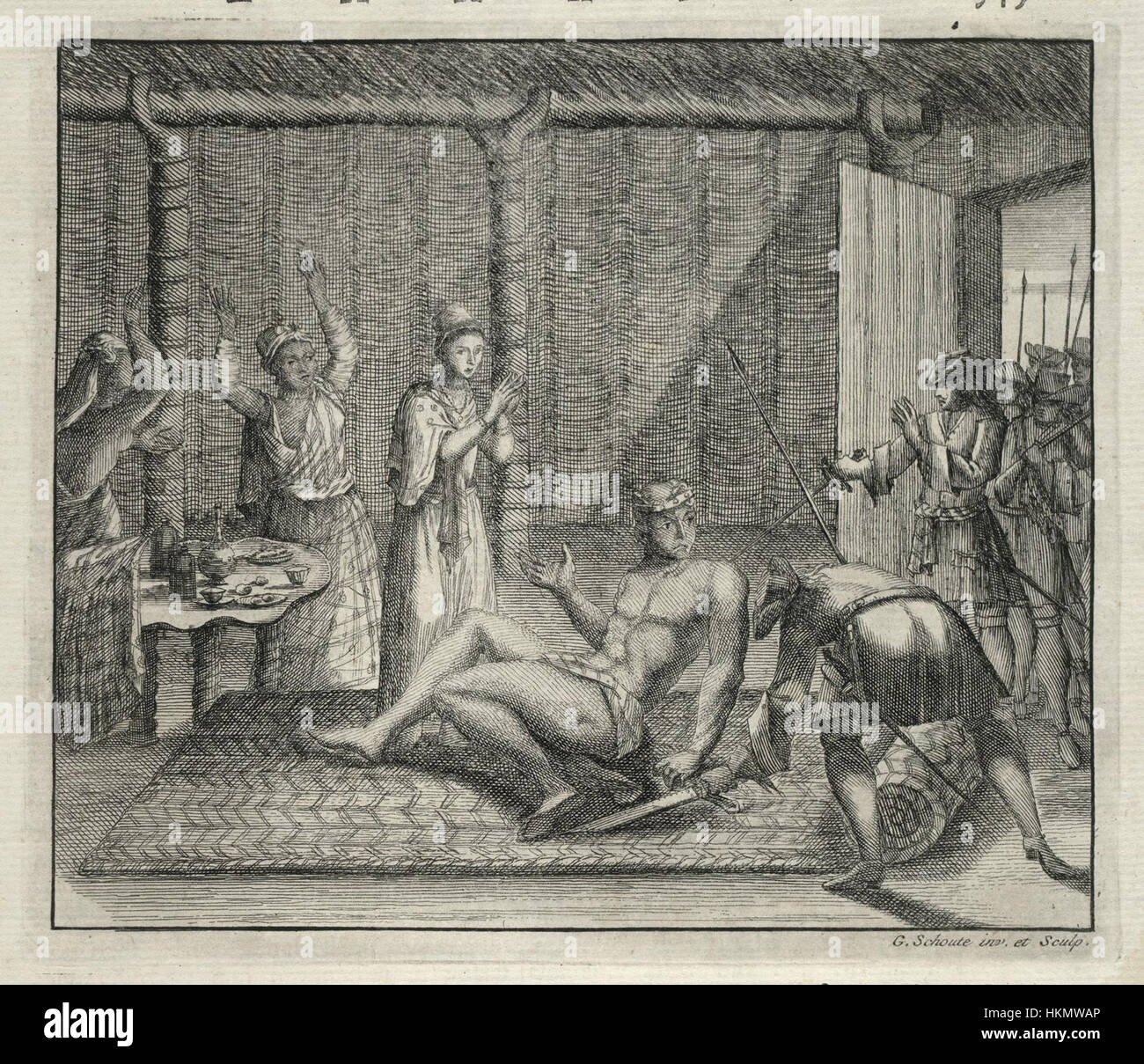 Cette œuvre représente l'événement tragique du meurtre du roi de Ternate en 1681, un moment historique important dans le contexte de l'histoire de l'Asie du Sud-est et des luttes des dirigeants régionaux. Banque D'Images