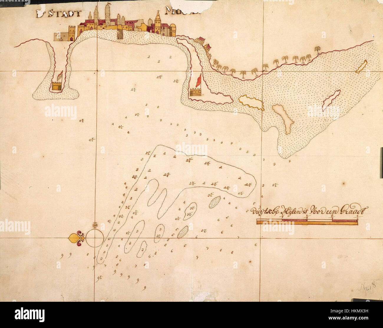 La carte *AMH-2507-NA* représente le port de la ville de Mocha, un port important au Yémen au XVIIe siècle. La carte montre les caractéristiques géographiques du port et de la région environnante, fournissant un aperçu historique du commerce et de la navigation dans la région. Banque D'Images