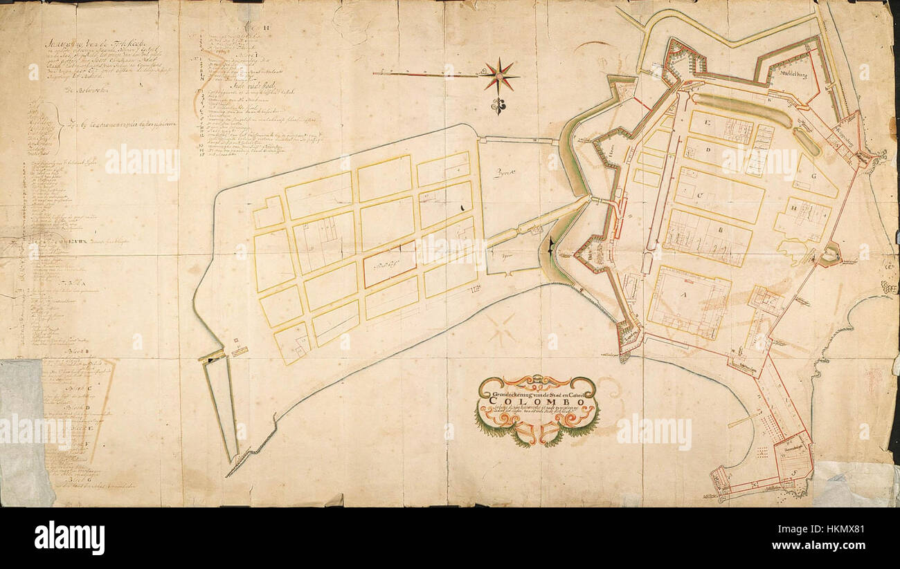 Cette œuvre représente la ville de Colombo et son château, mettant en valeur l'architecture historique et le paysage urbain. Colombo, la capitale du Sri Lanka, est une ville riche en histoire, et la peinture met en évidence ses structures clés et l'importance du château dans le développement de la ville. Banque D'Images