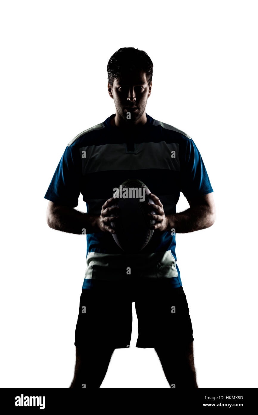 Joueur de Rugby dans un uniforme bleu. Fond blanc Banque D'Images