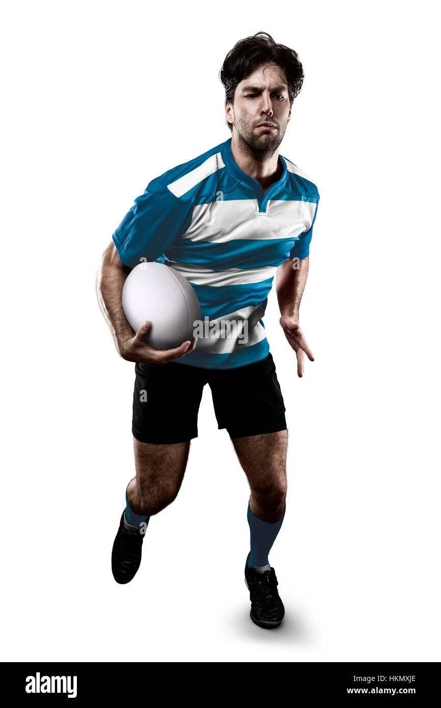 Joueur de Rugby dans un uniforme bleu d'exécution. Fond blanc Banque D'Images