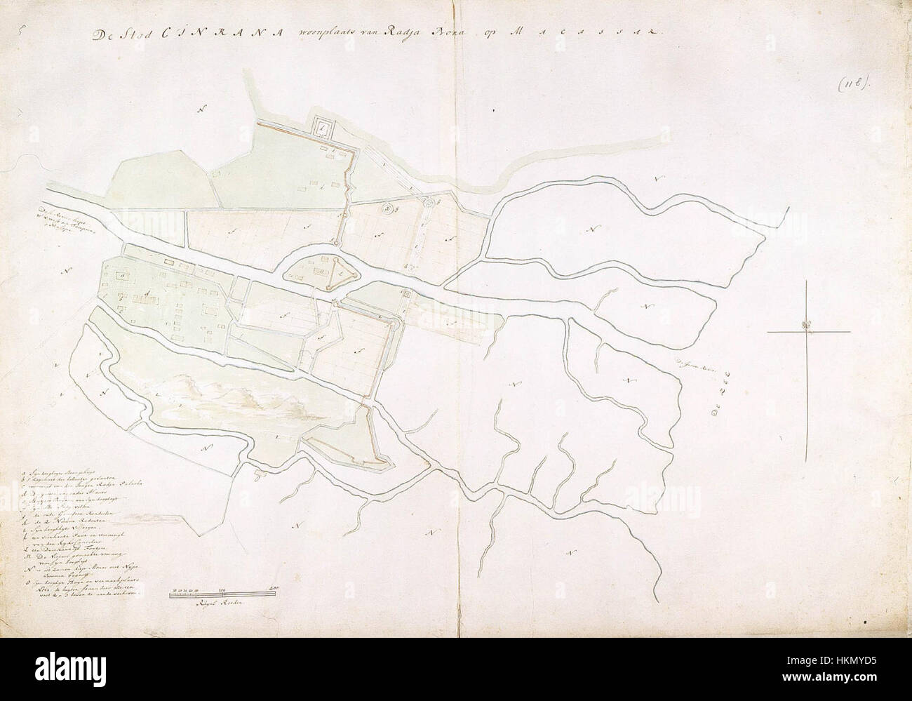 Cette carte historique de la ville de Tjinrana Bone offre un aperçu précieux de l'aménagement urbain et du développement de la région. Il fait partie d'une collection présentant la cartographie indonésienne du XIXe siècle. Banque D'Images