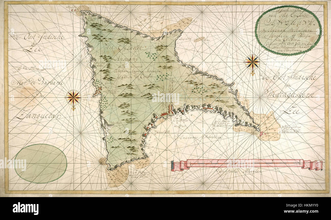 La carte intitulée 'AMH-6418-NA' illustre l'île d'Anjouan, située dans l'archipel des Comores. Il fournit une représentation détaillée de la géographie de l'île, des frontières politiques et des monuments importants, mettant en valeur la topographie de la région. Banque D'Images